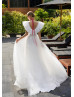 V Neck Ivory Pleated Tulle Glitter Wedding Dress